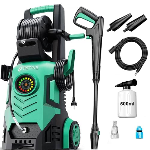Hochdruckreiniger 200 bar Touchscreen 8-stufiger, 6-in-1-Düse, Druck: 100-200 bar, Fördermenge: 280-500l/h, Flächenleistung: 60m²/h, mit 500ml Schaumkanone und Schlauchtrommel, Autos und Einfahrten