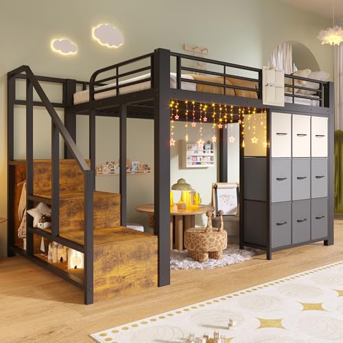 BTM Metall Hochbett 140x200 mit Treppe und Modulares Schubladen Hochbett Jugendliche mit Stauraum, Schwarz