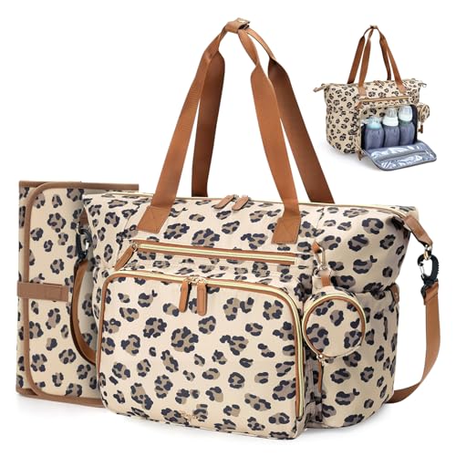 Tonyeee Wickeltasche mit Schnullertasche und Wickelunterlage, Wickelrucksack Multifunktions-Babytasche für Große Reisewindeltasche für Mama und Papa, isolierten Taschen-Leopard