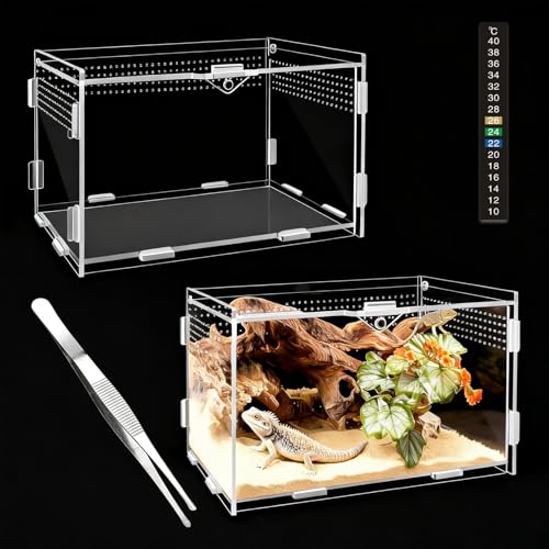 ZHITENG 360°Acryl Terrarium Schnecken, 20x12x12CM Acryl Terrarium Enthält Pinzette und Thermometer, Transparent Faunabox, Atmungsaktiv Reptilienzuchtkoffer Zuchtfall für Spide Eidechse Skorpion(A)