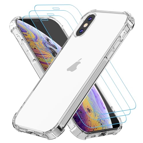 Totill Hülle für iPhone X/XS mit 3 Stück Schutzfolie, 4 in 1 Durchsichtige Kratzfest Stoßfest Handyhülle, Rundumschutz Schutzhülle, Ultra Transparent Weiches Durchsichtig Case Cover, Panzer Schutz