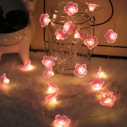 Auting LED Kirschblüten Lichterkette Deko 2M mit 20 LED Batterien mit Timer Funktion Frühling Dekoration für Innen, Garten, Bäume, Terrasse, 1