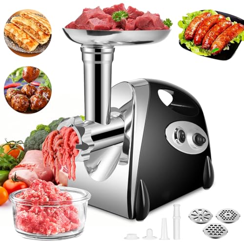 SINZUX Elektrischer Fleischwolf und Wurstmacher, 2800 W Fleischwolf und Wurststecker, Rotiert Vorwärts und Rückwärts, mit 3 Verschiedenen Schneidplatten, Wurst und Kubbe Set (Schwarz)