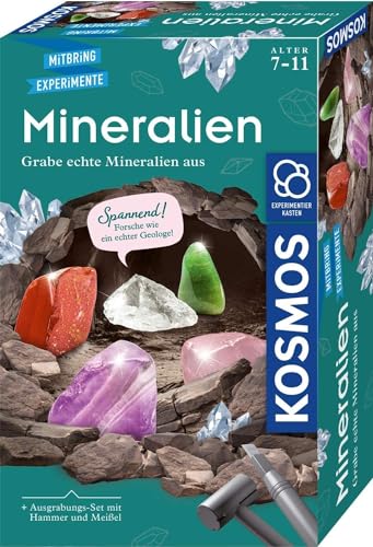KOSMOS 657901 Mineralien Ausgrabungs-Set, Grabe echte Mineralien selbst aus, mit Hammer und Meißel, 5 faszinierende Schmucksteine, Experimentierset für Kinder ab 7 Jahre zum Thema Geologie