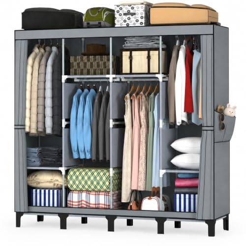 YasTant Kleiderschrank Stoffschrank mit Kleiderstange, Stabiler Tragbarer Kleiderschrank mit Überzug für Schlafzimmer und Ankleidezimmer (Grau, 170 * 45 * 175cm)