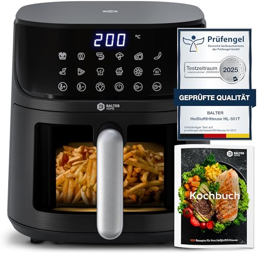 Balter Heißluftfritteuse Airfryer, 5,5 L, Friteuse Heissluftfritteuse XXL mit Sichtfenster, 12 Programme, all-in-1 Air Fryer, inkl. 100 Rezepte, HL-551T