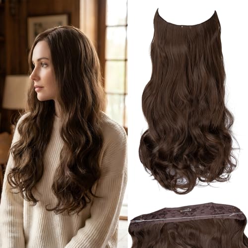 JJstar Unsichtbare Draht Haarverlängerung mit 3 Clips 50 cm Lange Wellen Locken Synthetische Hochtemperaturfaser Extensions für Damen