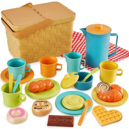 HERSITY Picknickkorb Kinder Teeservice Spielküche, Picknick Kinder Set mit Decke, Tee Set mit Dessert Spielzeug Outdoor, Geschenk für Jungen Mädchen 3 4 5 Jahre