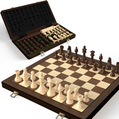 38 cm Holz Klapp-Schach- und Dame-Set, 2-in-1 Brettspiel, 7,6 cm König Staunton Figuren, 2 zusätzliche Damen (Vintage)