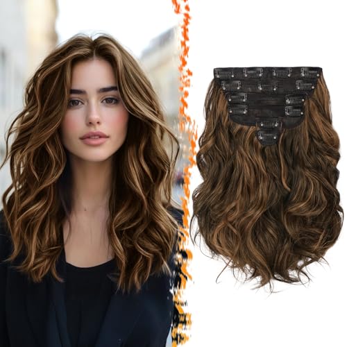 BARSDAR Kurzes Wellige Clip in Extensions, 30cm Highlight Clip in Haarverlängerung für Frauen 6PCs Voller Kopf Dickes Synthetisches Haarteil - Dunkel Braun mit Highlights