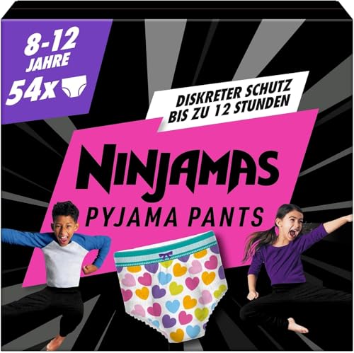 Ninjamas Pyjama Pants Herzen, 54 absorbierende Nachthöschen, 8 Jahre, 27kg-43kg, Auslaufschutz für die ganze Nacht
