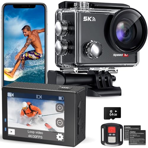 Hiicam Speed 10 Action Cam, 5K30FPS 30MP Actioncam 40M Unterwasserkamera Wasserdicht WiFi 170°Ultra Weitwinkel EIS Actionkameras Zoom 5X mit Fernbedienung und 2x1350mAh Akkus 64GB(Black)