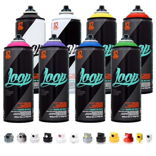 Betterrun LOOP Sprühdosen Set - Basic Farben - 8 x 400ml Acryllack + 10x Sprühaufsätze - Graffiti Spray Cans