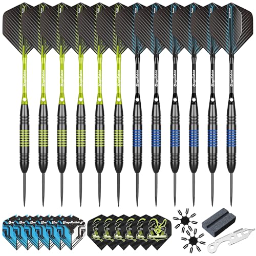 MageRabbit Dartpfeile mit Metallspitze 12pcs,22g Schwere SteelDarts mit 12 Dart-Schäfte + 24 Dart-Flights + Dart-Werkzeuge, Stahl-Dart-Set, professionelle Dartpfeile (blau und grün)