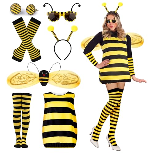 Bienenkostüm Erwachsene Damen mit Haarreif Flügel Handschuhe Beinsocken Ohrringe Brille Bienen Kostüm Kleidung Kleid Frauen Karneval Kostüm Biene Damen für Faschingskostüm Frauen Verkleidung 120