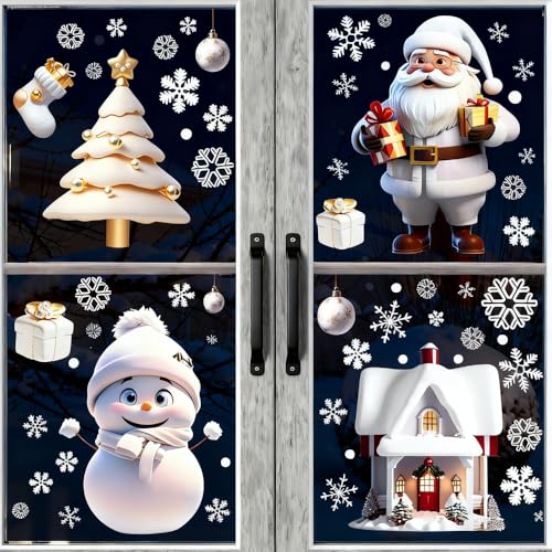 114 Stück Weihnachts-Schneeflocken-Fensteraufkleber für Glas, weiße statische Stereo-Aufkleber, Weihnachtsdekorationen, Weihnachtsdekorationen für den Innenbereich, Schneeflocken, Weihnachtsmann, Schn