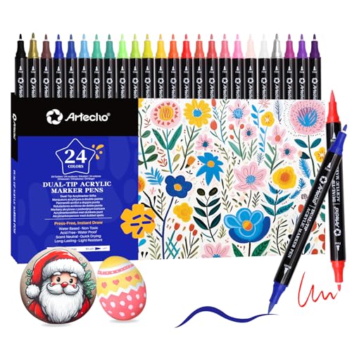 Artecho Acrylstifte 24 Farben, 0.5-5mm Wasserfester Dual Tip Marker (Pinsel und feine Spitze), mit doppelten Enden für Rock Painting, Glas, Papier, Holz, Ei, Leinwand, Keramik, Stoff, DIY Crafts