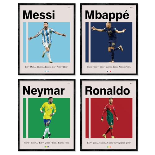 A ART·ZONE Fußball Plakate 8x10 Zoll Leinwanddrucke Ungerahmter Satz von 4 - Messi, Ronaldo, Mbape und Neymar Berühmter Fußball Superstar Poster Sport Dekor Wandkunst für Jungen Schlafzimmer