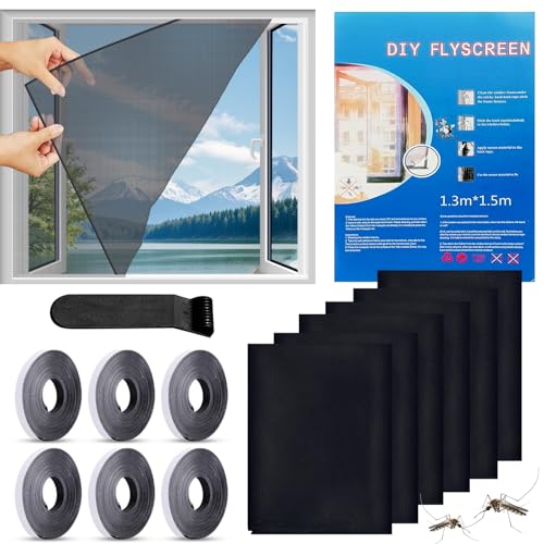 STFYUG 6 Stück Fliegengitter Fenster, Insektenschutz Fenster, Moskitonetz Fenster, Fliegennetz Fenster, mit Klettband Selbstklebend, Moskitonetze für Fenster und Türen