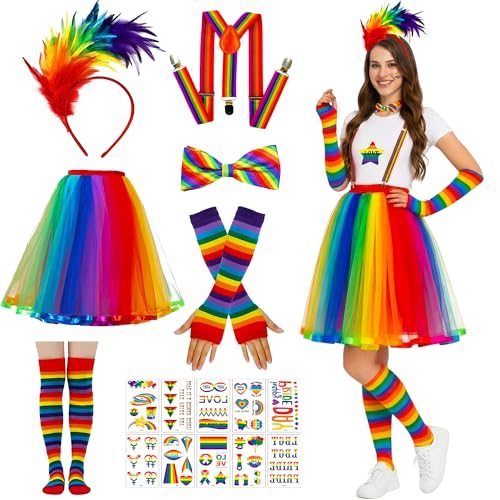iLuane Faschingskostüm Damen Regenbogen Tüllrock Set 7-teilig – 80er Jahre Kostüm mit Feder Stirnband, Fliege, Handschuhe, Socken, Y-Hosenträger & Tattoos für Karneval & Mottoparty (7)