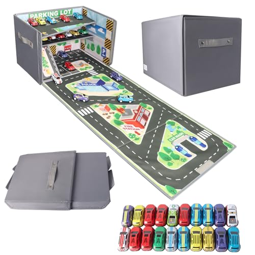 Spielzeug Garage für Autos, 3 In1 Faltbar Auto Garage Kinder mit 20 Autos, Garages Spielzeug mit Tragegriff, KapazitäT Von 200+ Spielzeugautos