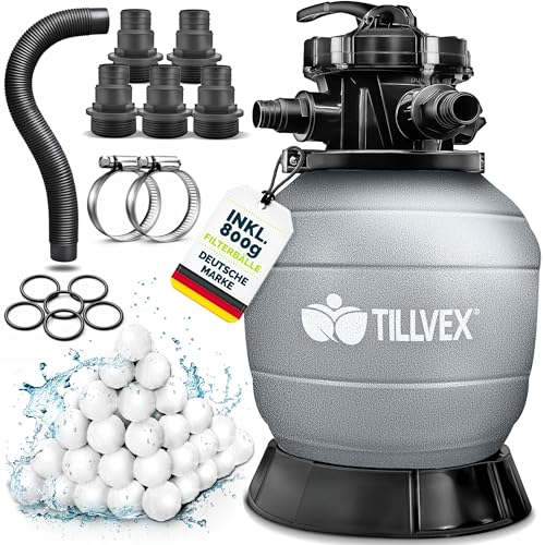 tillvex® Sandfilter Pool ohne Pumpe + Filterbälle | Filterkessel Poolfilter inkl. Adapter Ø32-38mm | Sandfilterkessel + 7-Wege-Ventil, Manometer & Saugschlauch (Grau, Bis 35 m³ (35.000 Liter) Pools)