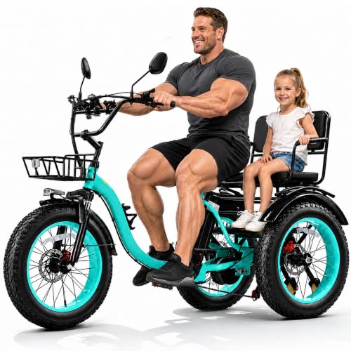 KAKIGO Elektro-Dreirad Für Erwachsene,Fat Tires Elektro-Dreirad,250W Motor,95 Nm,48V 18/10.4Ah Akku,20 Km/h, Vorder-&Hinterkorb,Differenzial,90/50Km Reichweite,Differential Türkis Zweisitzer-Version
