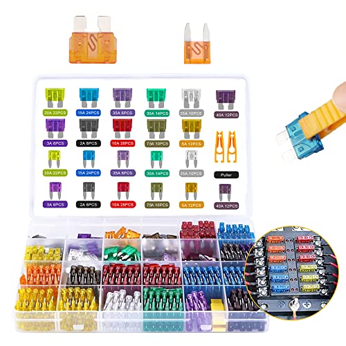 Petutu 300-teiliges Autosicherungsset 2A/3A/5A/7A/5A/10A/15A/20A/25A/30A/35A/40A zum Austausch von Standard-Autosicherungen, Mini-Autosicherungsset mit 1 Sicherungszieher