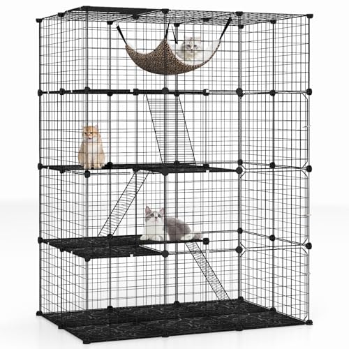 GYMAX 4 Ebenen Katzenkäfig faltbar, Katzengehege mit Oberlicht & Hängematte, Metall Gitterkäfig mit 4 abschließbaren Türen, Haustierspielplatz für Katzen & kleine Tiere (106,5x74x143,5cm)