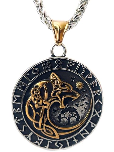 ZFSBRTL Wikinger Odin Wolf Fenrir Anhänger Halskette, Herren Gold&Silber Edelstahl Nordischen Mythologie Amulett Vegvisir Rune Keltischer Schmuck Geschenk 60cm Kette,Gold