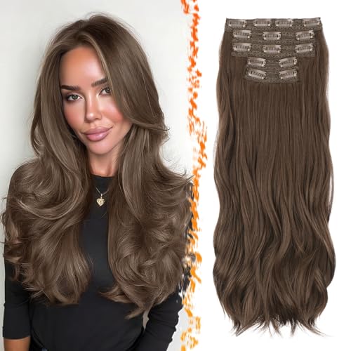 BARSDAR Clip in Extensions, 50cm Wellige Clip in Kastanien Haarverlängerungen für Frauen 5PCs Voller Kopf Haar Natürliches Look Synthetisches Haarteil Haarextension - Mittel Kastanien Braun