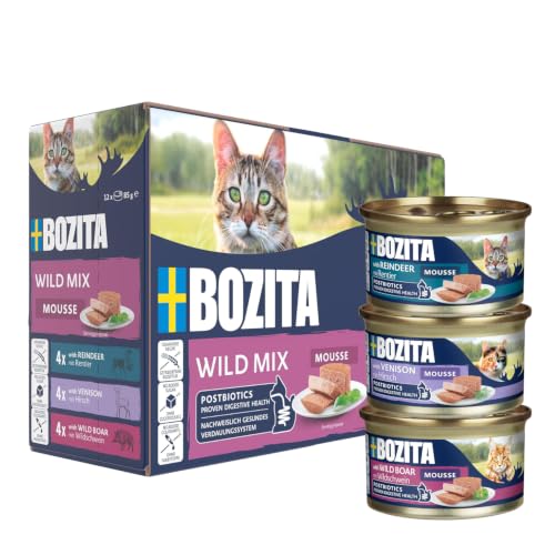 Bozita Mousse Wild Mix – 12x85g Nassfutter für Katzen in Mousse-Textur mit Rentier, Hirsch oder Wildschwein - getreidefrei, ohne Zuckerzusatz und Farbstoffe - mit Postbiotika unterstüzt die Darmflora