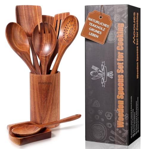 Mooues Kochlöffel Holz Set aus natürliches Teakholz, 9 Stück Küchenhelfer Set mit Halter, Holzlöffel, Pfannenwender, Salatbesteck und weitere Küchenutensilien, Hochwertig und Nachhaltig