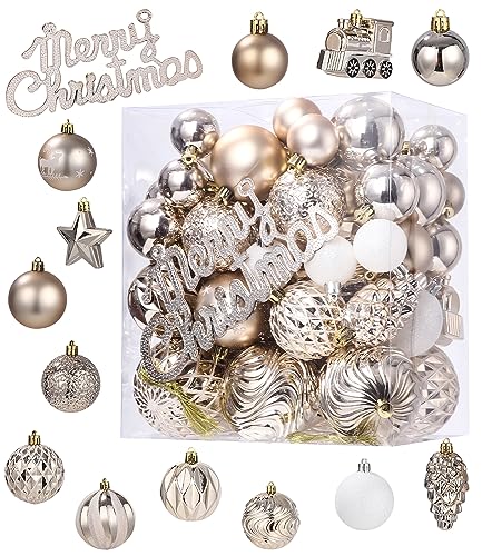 LEAZZLE Neue Weihnachtskugeln Weihnachtsdeko 65 Stücke,Box mit Christbaumkugeln Kunststoff,Christbaumschmuck, Weihnachtsdekoration,Party Festival Decor(Champagner Gold)