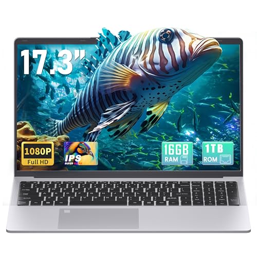 Fsjun 17,3 Zoll Laptop Silber, 16GB RAM, 1TB SSD, FHD IPS Display, Fingerabdrucksensor, Beleuchtete Tastatur, HDMI, WLAN, Bluetooth, Notebook für Büro, Studium, Home, Business, inkl. DE Tastaturfolie