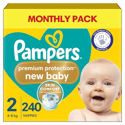 Pampers Premium Protection New Baby Windeln, Größe 2, 4 kg - 8 kg, Monatspackung, Pampers Nº1 Komfort und Schutz für empfindliche Haut, 240 Stück
