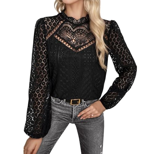 TANTOMI Bluse Damen Elegant Stehkragen Elegante Blusen Oberteile Lässige Tops mit Laternenärmeln Rüschenbluse Schwarz