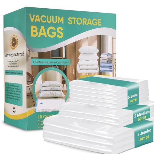 10er Vakuumbeutel für Kleidung / Bettdecken, 3 Jumbo 80*100cm + 2 Mittel 50*70cm + 5 Klein 40*60cm Vacuum Bags for Clothing, Wiederverwendbare Vakuumierbeutel Kleidung für den Alltag