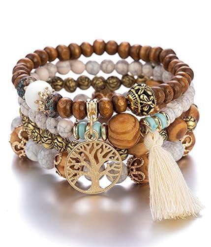 LICHUANUK Boho 4 Stück Armbänder Holzperlen Quaste, Chakra für Frauen, Natürliches Kristall heilsteine, Frauen Baum des Lebens Charm Statement Armreifen, Perle (Milky white)