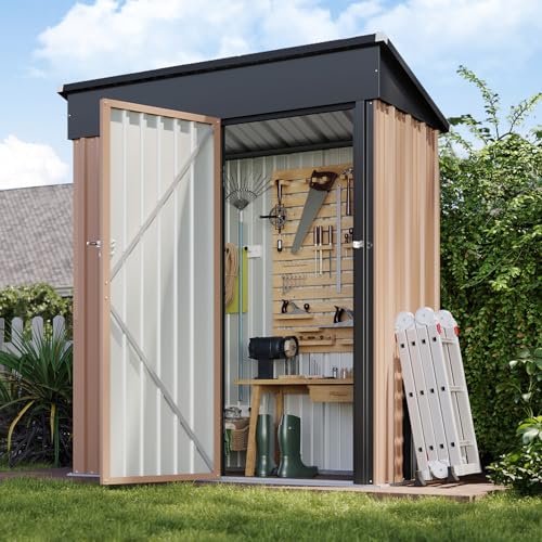 Aoxun Metall-Gartenhaus, Schuppen und Außenaufbewahrung, verzinkt, wasserdicht, stark, verstärktes Dach, mit abschließbaren Türen und Schlingendach für Hinterhof, Terrasse, 1,5 x 0,9 m, Braun