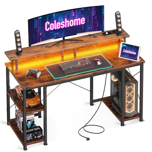Coleshome Gaming Tisch mit LED-Beleuchtung, 120x50cm Computertisch mit 2 Steckdosen & 2 USB-Anschlüssen, Gaming Schreibtisch mit Monitorständer & Stauraum, Home Office Schreibtisch, Braun