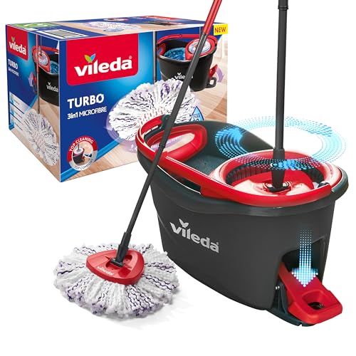 Vileda Turbo 3in1 Komplett-Set| Wischmopp mit Mikrofaser-Moppkopf gegen hartnäckigen Schmutz| Eimer mit Pedal-Schleuder -Für alle Böden| Entfernt 99 % der Bakterien,Teleskopstiel 85–123 cm |Mehrfarbig