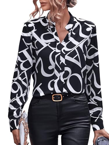 GORGLITTER Elegant Bluse Damen Langarm Blusenshirt Blusen Elegant Büro Langarmshirt Locker Blusen Oberteile Schwarz und Weiß L