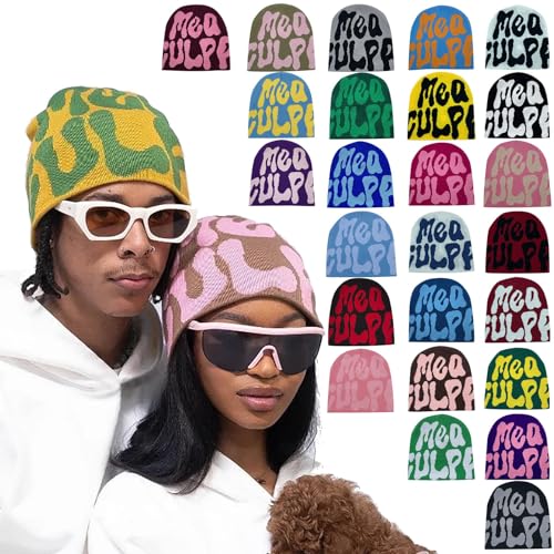 Y2k Beanie Mütze Herren Damen Teenager Y2k Cap Winter Knit Skater Beanie Mütze Hip Hop Strickmützen Baumwolle Spider MEA Culpa Printed Y2k Beanie Cap Hat Pink Harajuku Fashion