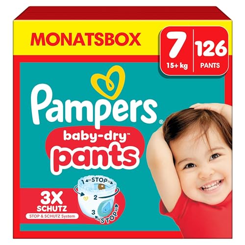 Pampers Baby-Dry Pants Größe 7, 126 Windeln, 15kg+, 360grad Passform hilft, Auslaufen zu verhindern