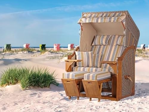 Outgarden Strandkorb Zweisitzer aus Holz |120 cm Breite Streifen-Design inklusive Fußkissen Wetter-UV Beständig |mit Schutzhülle - Verstellbare Rückenlehne & Ausziehbare Fußstützen