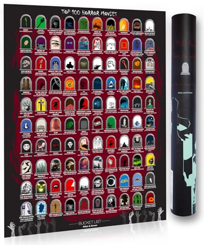 Atlas & Green Top 100 Horrorfilm-Poster. Top 100 Rubbel-Horrorfilm-Poster, aktuell mit Blockbustern aus dem Jahr 2024. Geschenk-Tube, Filmposter, Aufkleber