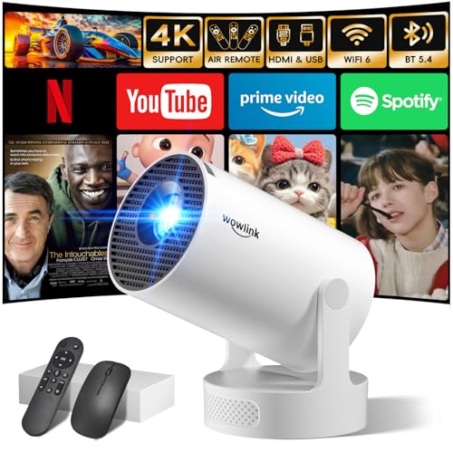 Mini Beamer Unterstützt 4K 1080P, Projektor Tragbarer mit WiFi 6 und Bluetooth 5.4, Beamer Klein Projektor Auto Keystone 180°Dreh Kompatibel mit HDMI/TV Stick/Memory Stick/Laptop, Weiß