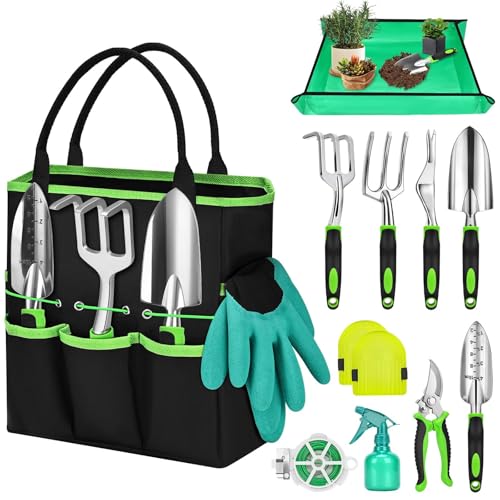 Mactoou Gartenwerkzeug Set, 12 Stück Schwerlast Gartengeräte Set mit dauerhafter Gartenschaufel, Umtopfmatte, Aufbewahrungstasche, Garten Geschenke für Frauen Männer und Gartenliebhaber