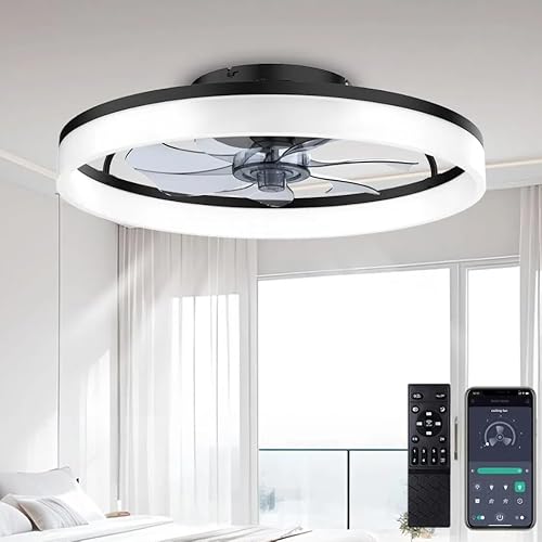 DWDVBL 50cm Deckenventilator Mit Beleuchtung 48W 220V Dimmbare Deckenleuchte Mit Fernbedienung Und APP 6 Geschwindigkeiten Lampe Mit Ventilator Timer Schlafzimmer Wohnzimmer Schwarz